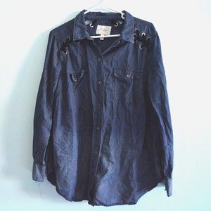 Jessica Simpson denim-like long sleeved shirt with velvet ties on shoulders 1X